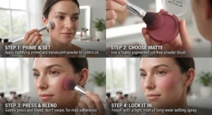 Step-by-step application of long-wear blush for oily skin to prevent fading
