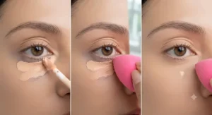 Step-by-step application of color correcting concealer for dark circles using a makeup sponge
