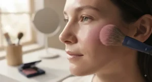 Close-up of a makeup brush applying powder blush to cheekbones, demonstrating proper technique for long-lasting wear on oily skin.
