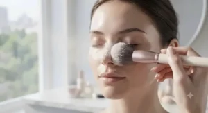 A makeup brush gently sweeping setting powder across the T-zone to control shine on oily skin.