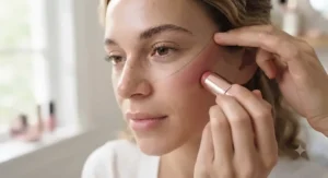 Diagram showing the correct placement of stick blush high on the cheekbones for a lifted look