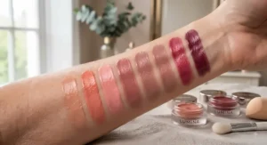 Swatches of various cream blush shades ranging from soft peach to berry, suitable for mature skin