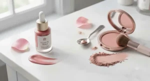 Comparison flat lay of liquid blush for a natural flush next to a traditional powder blush compact
