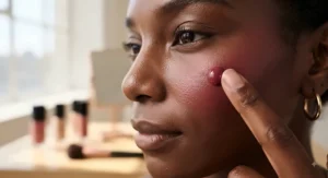 A drop of concentrated liquid blush in a deep rose shade, blending seamlessly into a deep skin complexion.