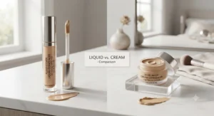 Side-by-side comparison tubes of liquid and cream full coverage concealer for acne scars on a minimalist vanity.