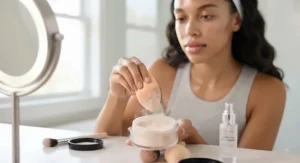 Dipping a makeup sponge into loose translucent setting powder to prepare for baking