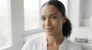 Fresh-faced model with shine-free makeup highlighting the results of using long-wearing pressed powder for oily skin.