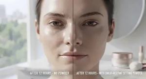 A graphic illustration showing sweat-resistant setting powder locking makeup in place all day.