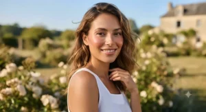 Woman smiling outdoors while showcasing a long-wearing liquid blush for a natural flush all day