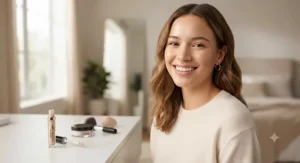 Woman smiling in natural daylight after using a long-wearing full coverage concealer for acne scars and setting powder.