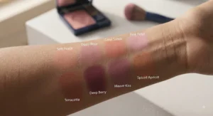Arm swatches of various long-wearing powder blush shades specifically formulated for oily skin types.