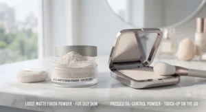 Side-by-side view of loose and pressed setting powders formulated specifically for oily complexions.