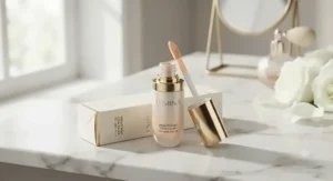 Elegant gold-accented packaging of a premium brightening concealer for dark circles on a marble vanity.