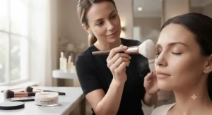 Professional makeup artist applying loose powder for oily skin with a fluffy brush.
