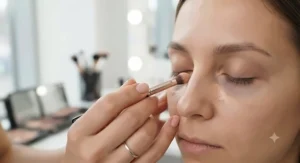 Makeup artist using a small brush to blend color correcting concealer for dark circles