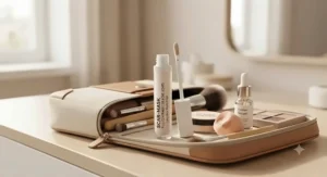 A complete everyday makeup kit featuring brushes and a tube of full coverage concealer for acne scars.