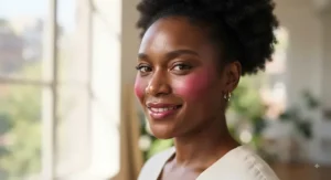 A glowing makeup look on a woman with a deep skin tone using a pop of vibrant berry blush on the apples of her cheeks.