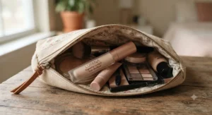 An open everyday makeup bag featuring a tube of brightening concealer for dark circles alongside other cosmetics.