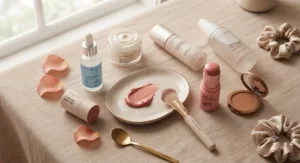 Flat lay of hydrating skincare and cream blush products for dry skin