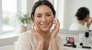 Model showing a fresh makeup look using long-wear blush for oily skin