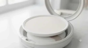 Close-up of a smooth matte finish compact mirror displaying oil-absorbing pressed powder for oily skin.