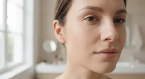 Close-up of smooth, matte finish skin achieved using loose powder for oily skin.