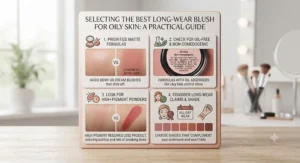 Infographic showing tips for choosing the best long-wear blush for oily skin