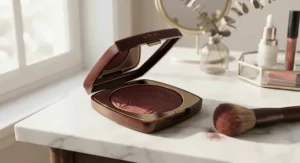 A highly pigmented powder blush compact in a deep mahogany shade, perfect for enhancing dark skin tones.