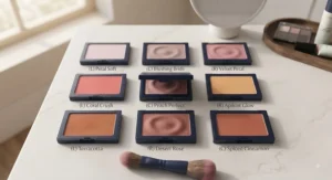 A curated guide featuring various powder blush shades for oily skin, ranging from soft pinks to deep peaches.