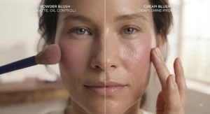 A split-screen comparison showing powder blush on oily skin versus cream blush, highlighting why powder is better for oil control.