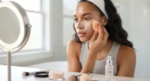 Pressing a generous amount of translucent powder under the eyes to learn how to bake your face