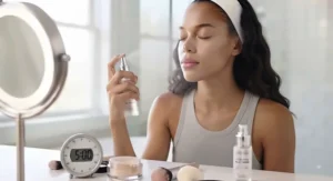 Spraying setting spray over the face to lock in the finished baked makeup look