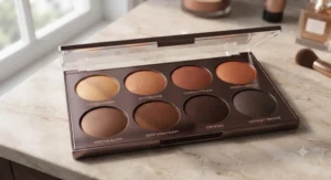 A makeup palette displaying a shade range of bronzing powder for deep skin tones from rich amber to deep espresso.
