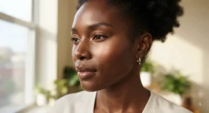 A radiant shimmer blush with bronze undertones applied to highlight the cheekbones of a person with deep skin.