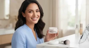 Smiling woman showing long-lasting, shine-free makeup set with loose powder for oily skin.