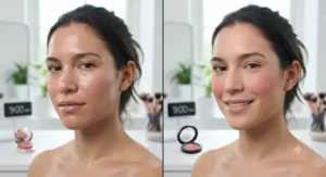 A before and after photo showing the durability of long-wear blush for oily skin