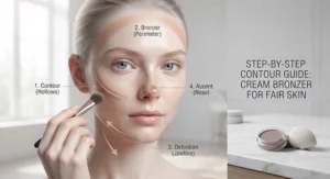 Illustrated guide showing placement zones for applying cream bronzer for fair skin and contour