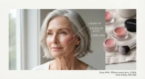 Tutorial graphic showing where to place cream blush for a lifted effect on mature skin