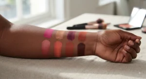 Arm swatches showing pigmented, high-coverage blush shades including fuchsia, bronze, and deep berry for dark skin.