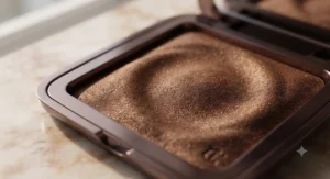 Close-up macro shot of finely milled bronzing powder for deep skin tones revealing a velvety texture.