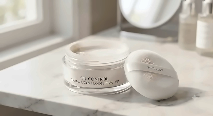 Open jar of translucent loose powder for oily skin alongside a soft makeup puff.
