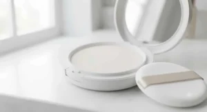 An open compact showing fine-milled translucent pressed powder for oily skin with a soft applicator puff.