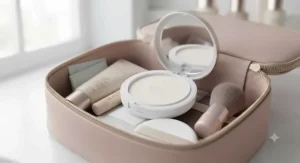 A sleek makeup compact of pressed powder for oily skin opened inside a modern cosmetic bag.