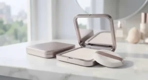 A compact translucent setting powder with a built-in mirror for touch-ups on oily skin throughout the day.