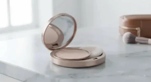 Portable compact mirror containing pressed translucent powder for oily skin for touch-ups on the go.