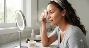 A woman applying loose powder for oily skin to her face to reduce shine.