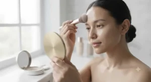 A woman gently applying translucent pressed powder for oily skin to her T-zone using a fluffy brush.