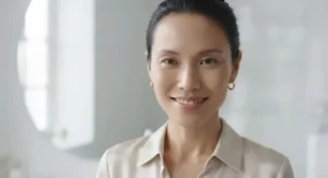 Smiling woman with a long-lasting matte finish achieved using translucent powder for oily skin.