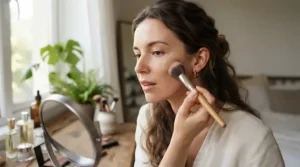 Applying cream bronzer for dry skin with a fluffy makeup brush for a dewy finish