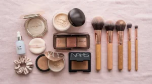 A sleek makeup compact featuring a contour palette under $20 surrounded by professional makeup brushes.